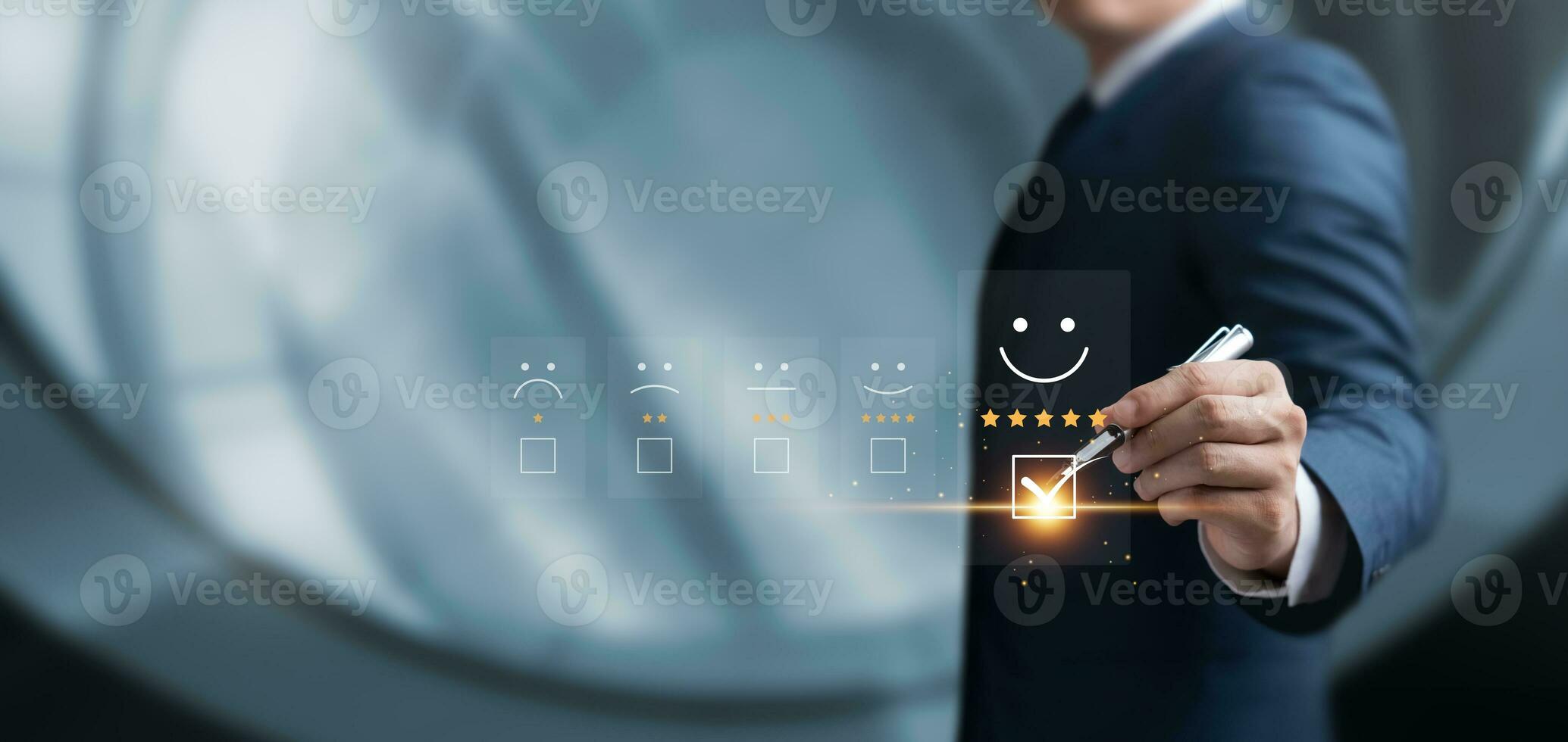 Customer satisfaction survey concept, businessman touching happy smiley face icon. Satisfaction. 5 stars. Service experience rating. Online applications, Satisfaction reviews The best quality. photo