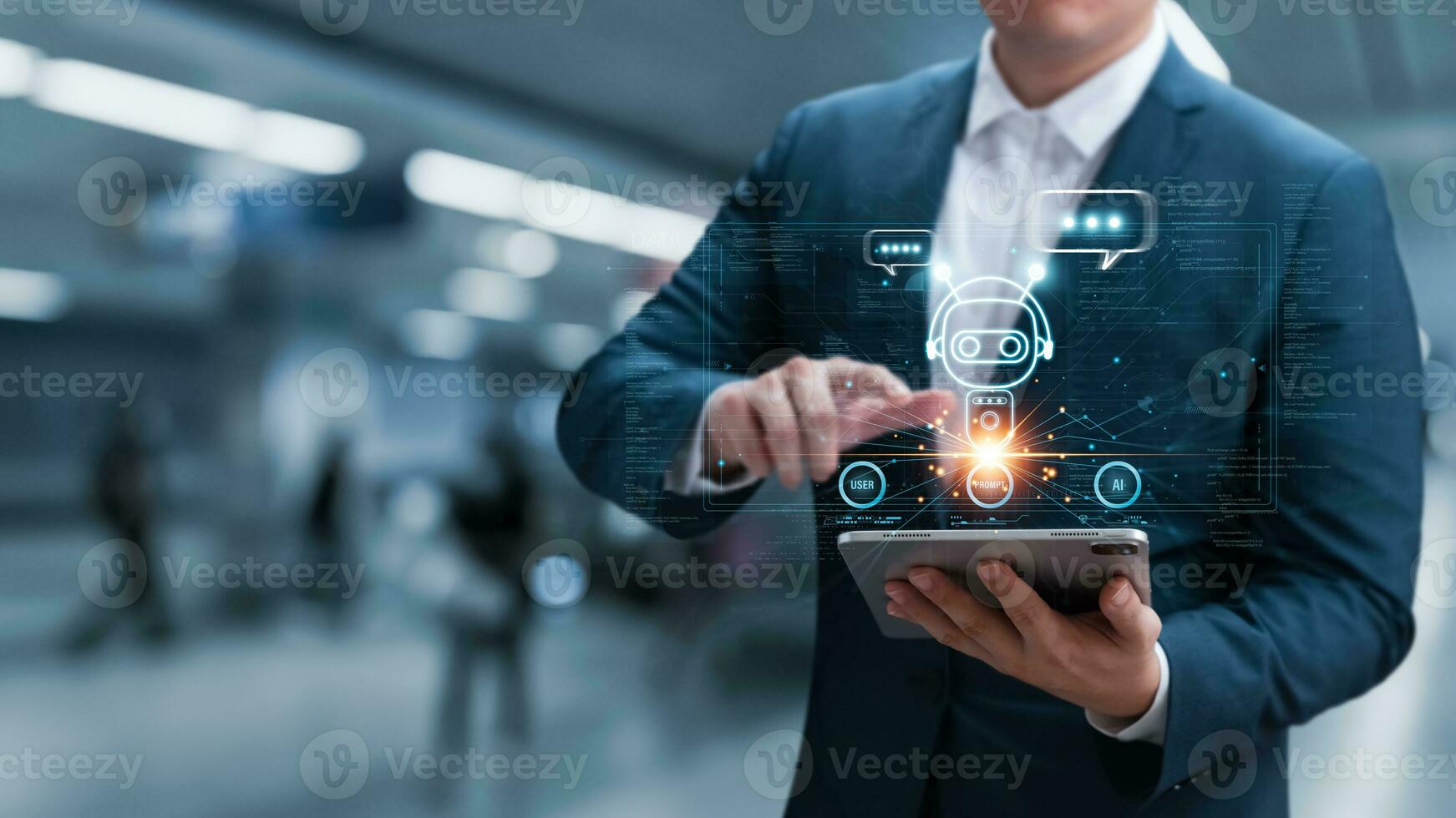 AI technology chatbot, businessman using tablet to communicate with AI and ask business questions, Using artificial intelligence solves human problems for users to achieve intelligent results. photo