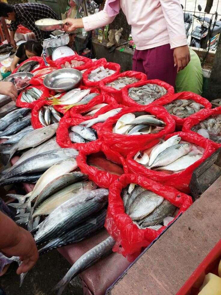 Jakarta city fish market - vendors selling fresh tasty fish