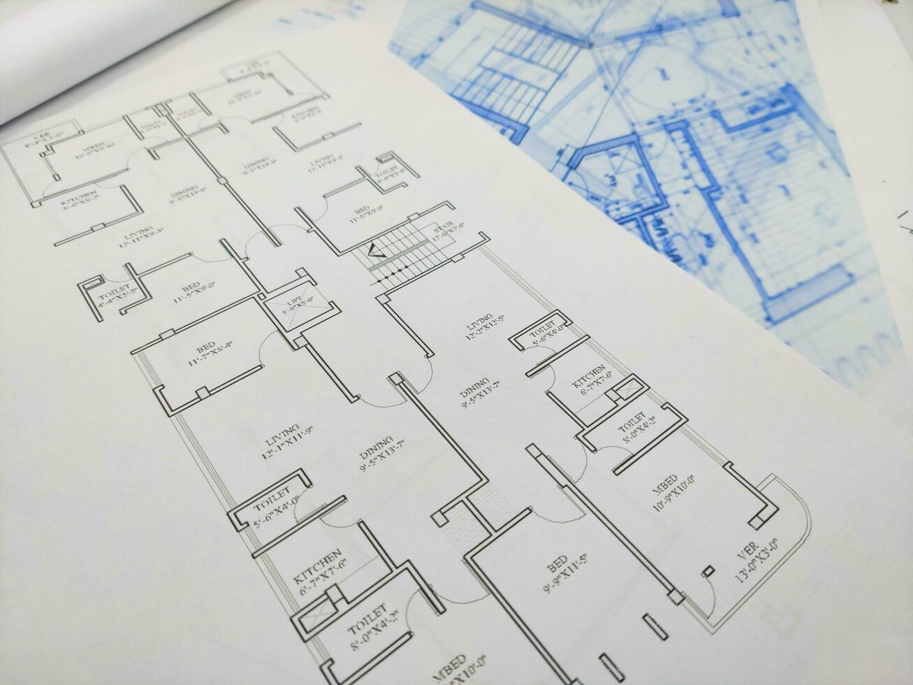 close up of blue prints from side angle photo