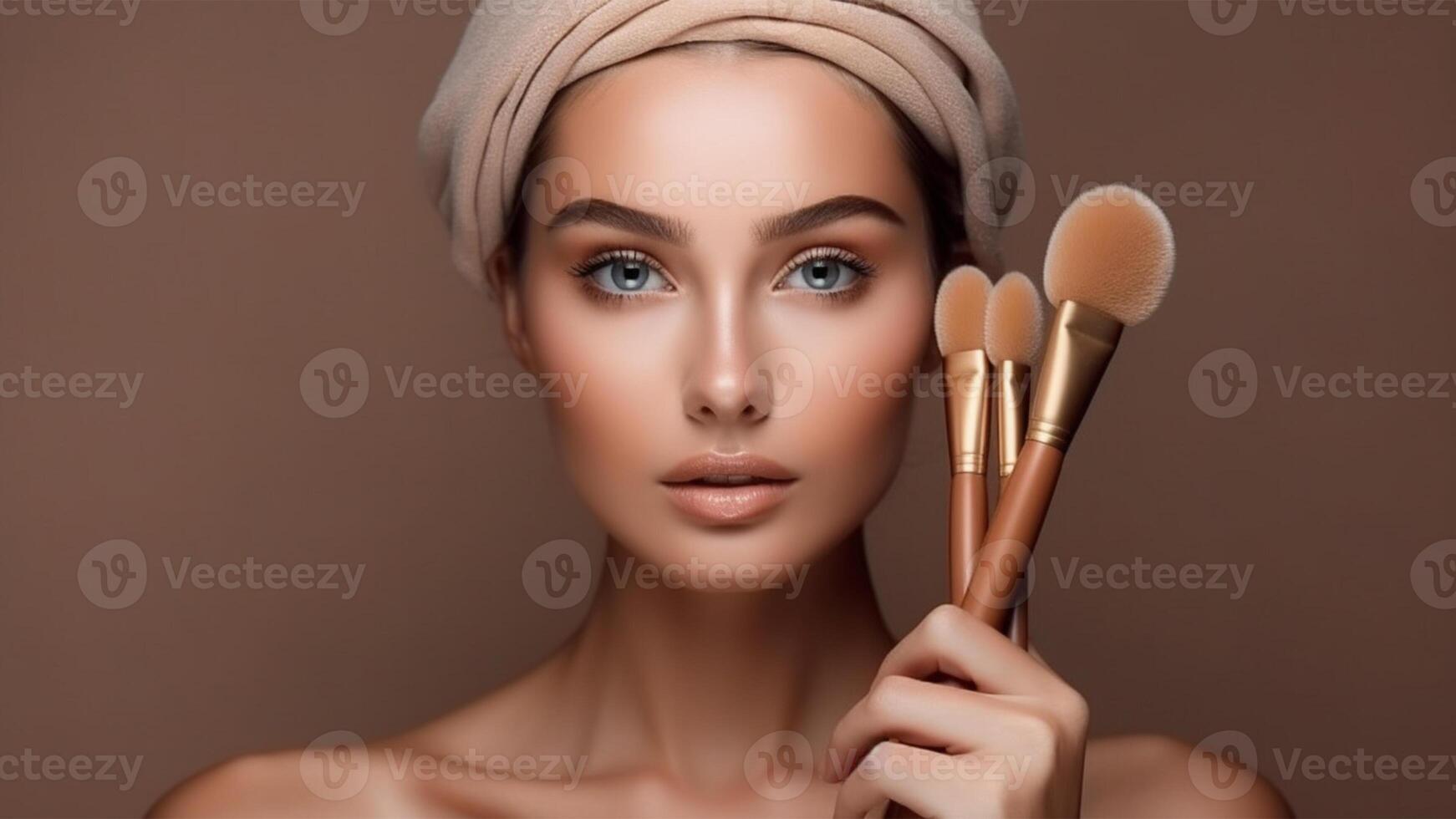 Photo applying tone to skin beautiful woman face hand of visagiste painting cosmetics beauty model girl make up