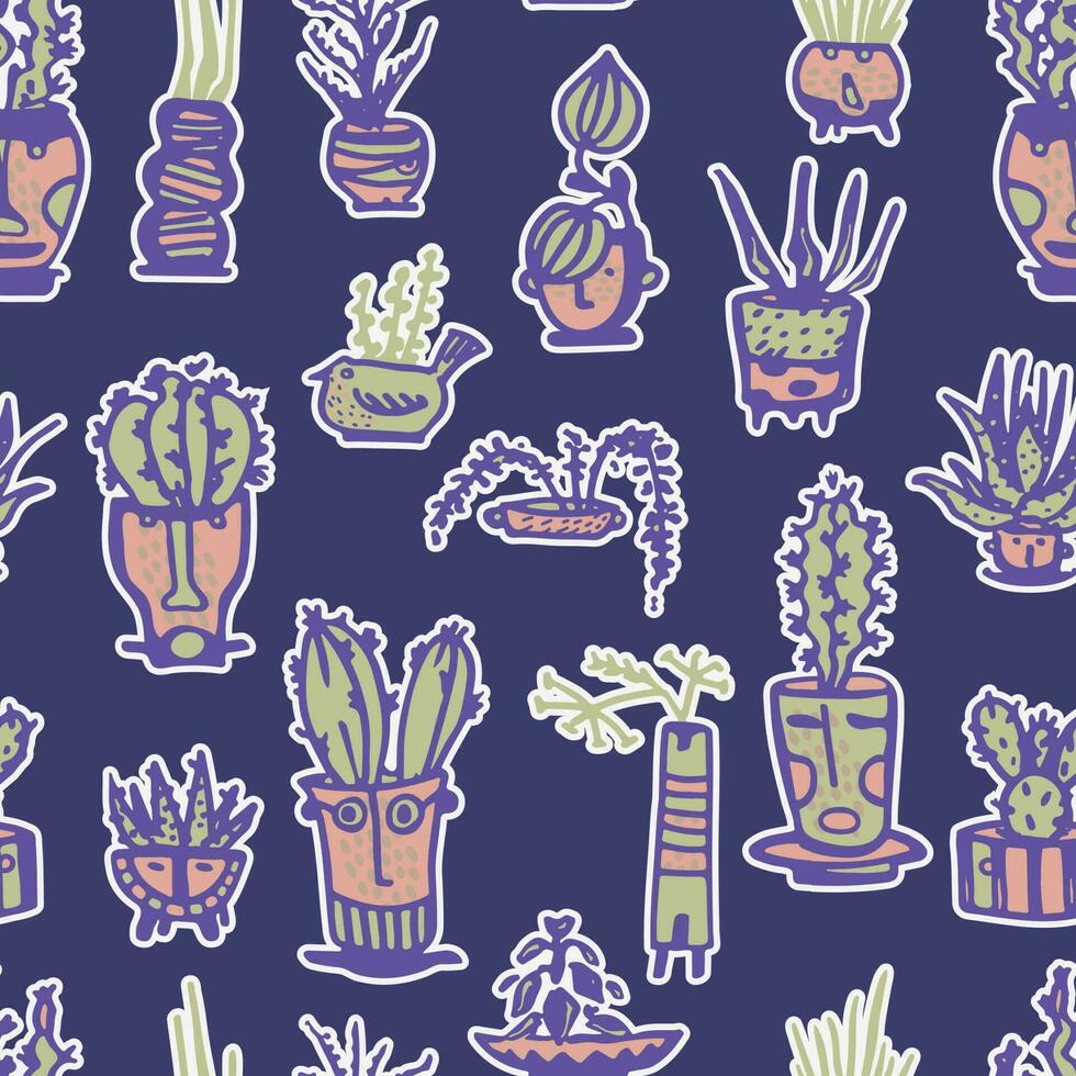 Seamless pattern. Stickers Ceramic pots with cactus comic faces. Different doodle emotions characters. Plant ceramics. Pottery vases trendy concept. Cartoon style. Hand drawn Vector illustration