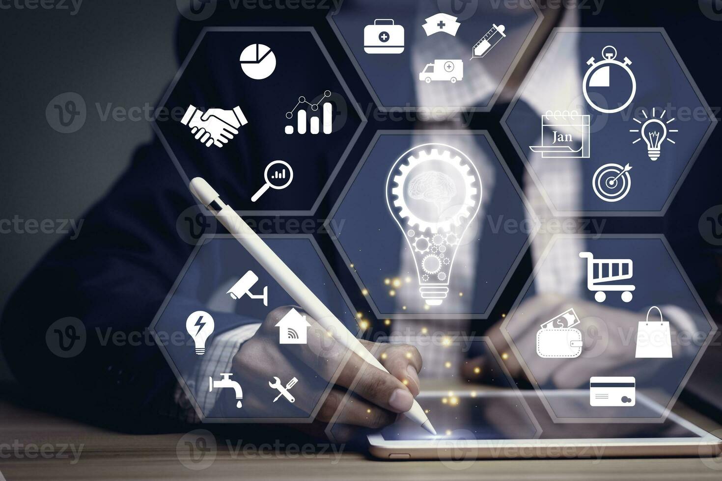 Businessman touch on the virtual screen Internet connection. Digital marketing and global internet connection application technology, Digital link tech,Financial daily life. photo