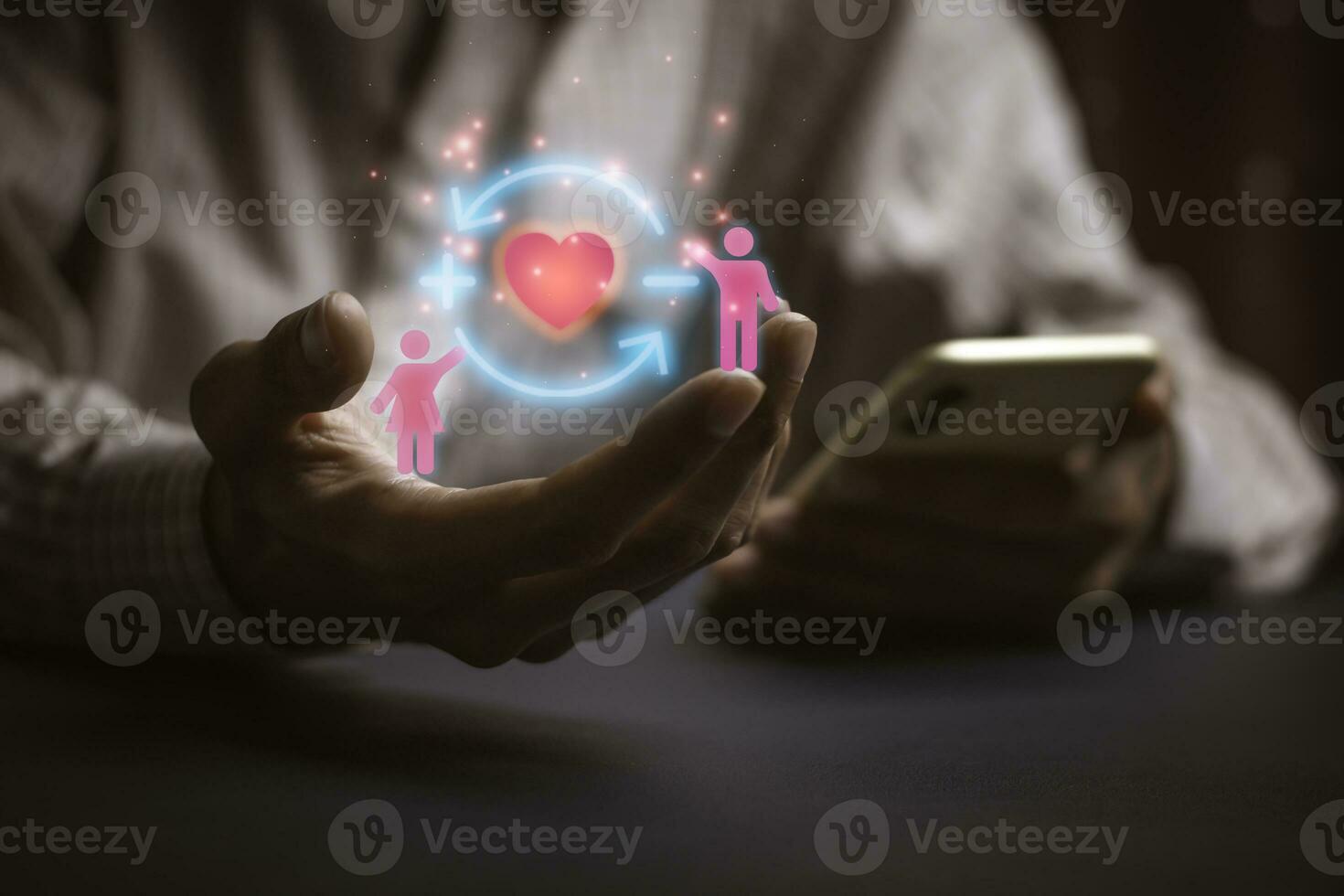 Person happy valentines day Icon of love, warmth, sent to lovers or family and social media interactions on laptop,message, email, comment,hold the heart,internet digital marketing. photo