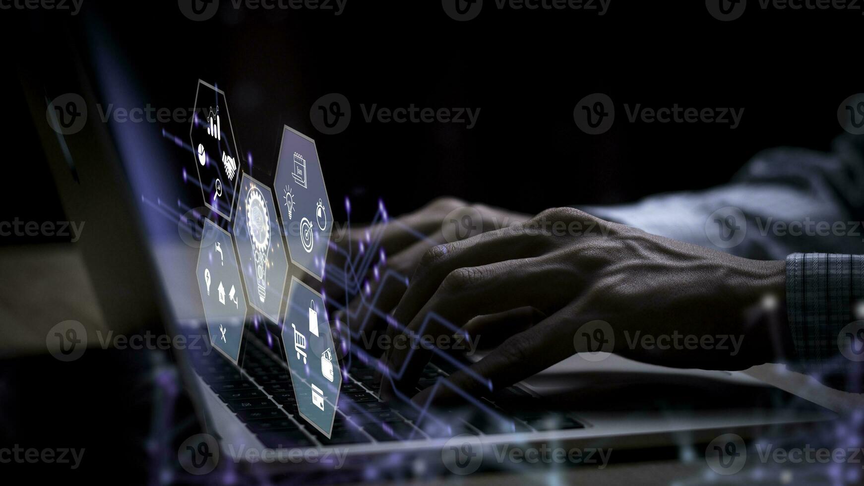 Businessman touch on the virtual screen Internet connection. Digital marketing and global internet connection application technology, Digital link tech,Financial daily life. photo