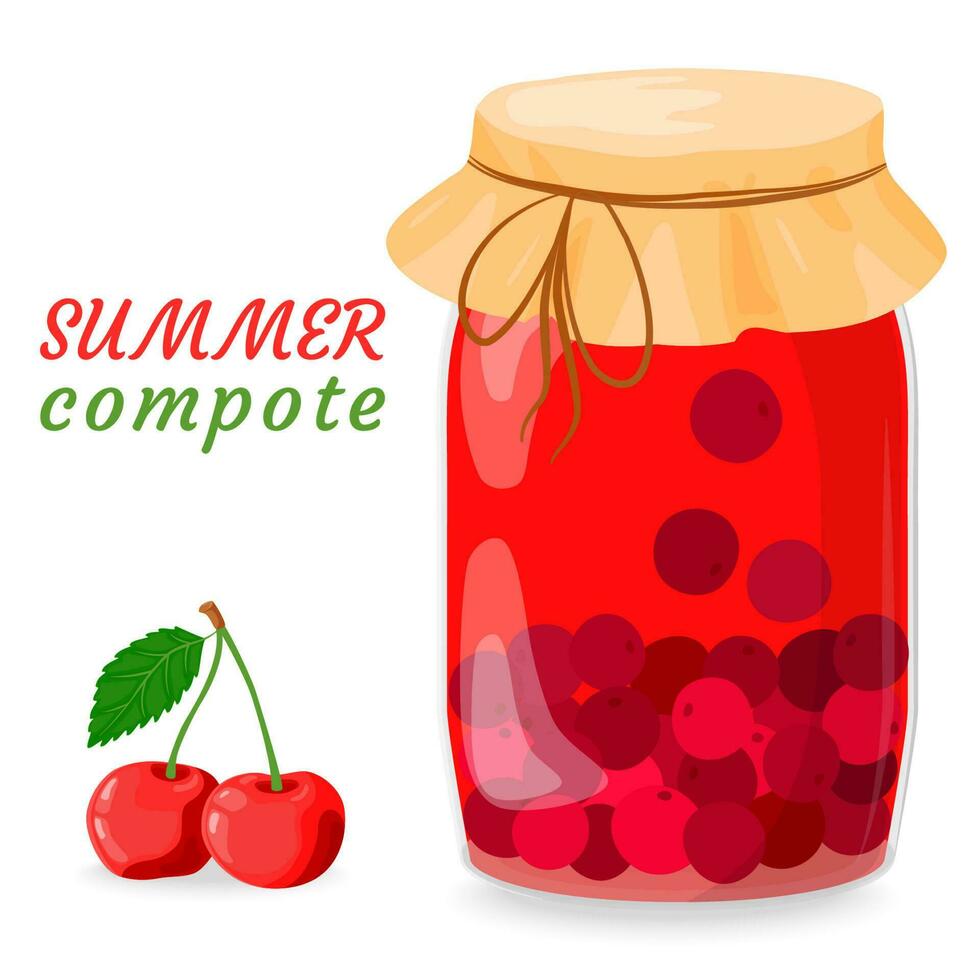 Cherry compote, jam in a glass jar. Canned fruit. Berries for a healthy summer drink. Conservation for future use. Vector illustration for the menu, packaging design in a flat style.