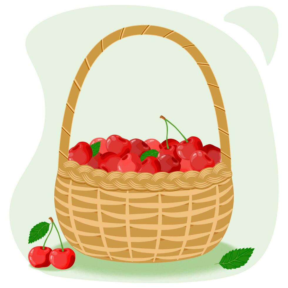 Cereza con verde hojas en un mimbre cesta. el concepto de sano comiendo. maduro fruta. cosecha. vector ilustración en un plano estilo.