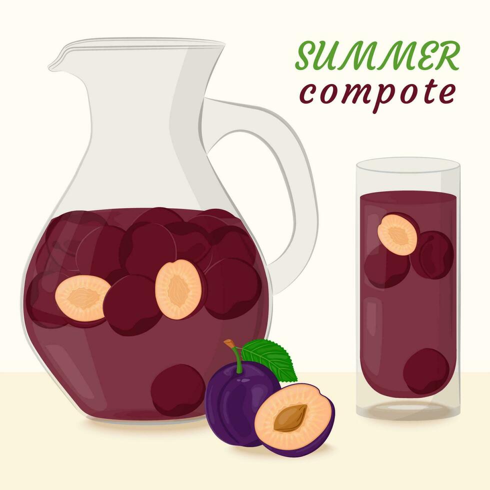 Plum compote in a glass decanter and glass. Drinking from homemade fruits. Berries for a healthy summer drink. The concept of healthy eating. Vector illustration in a flat style.