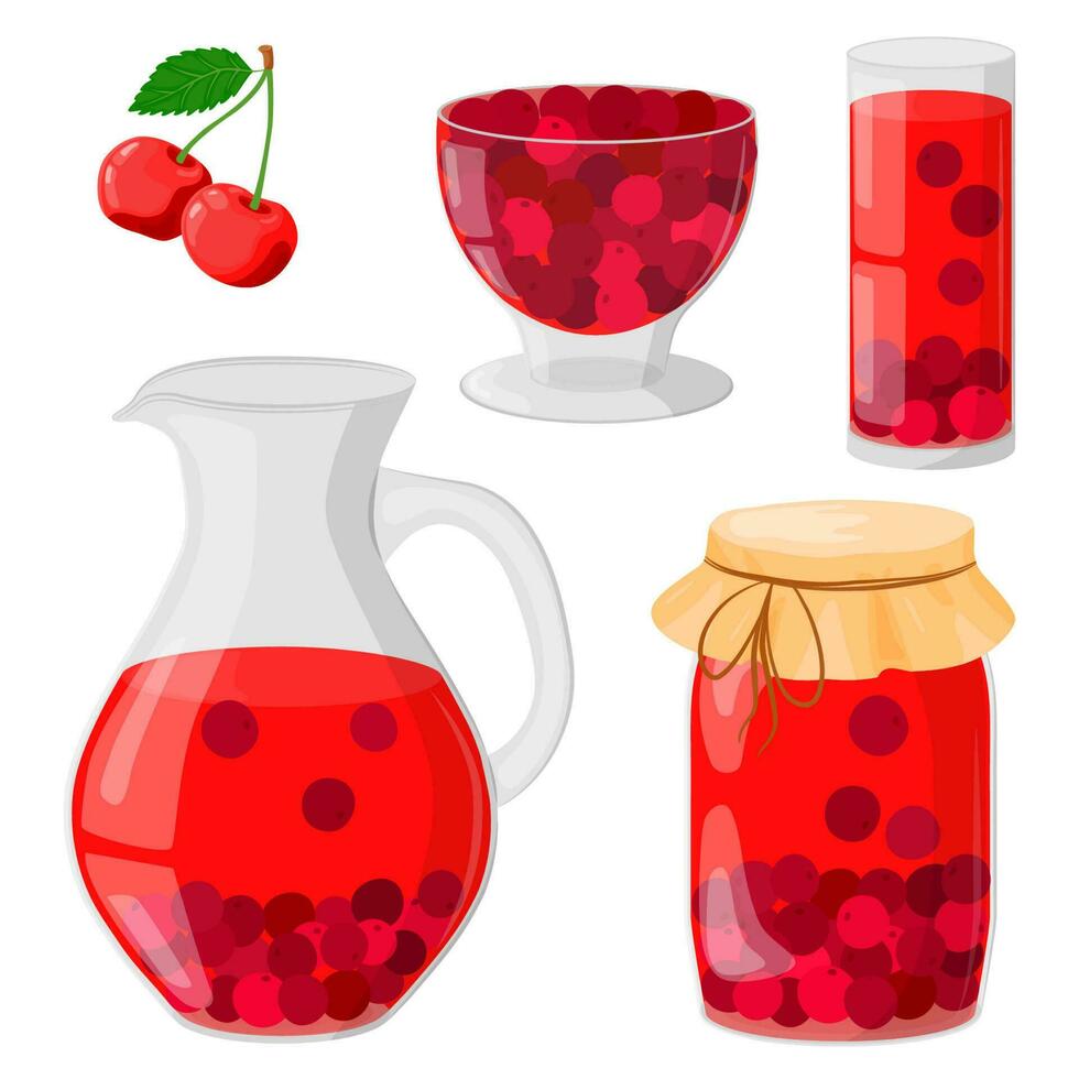 Cereza compota en un vaso licorera, vaso, frasco. Bebiendo desde hecho en casa frutas hecho en casa mermelada o jalea en un vaso bol. el concepto de sano comiendo. vector ilustración en un plano estilo.