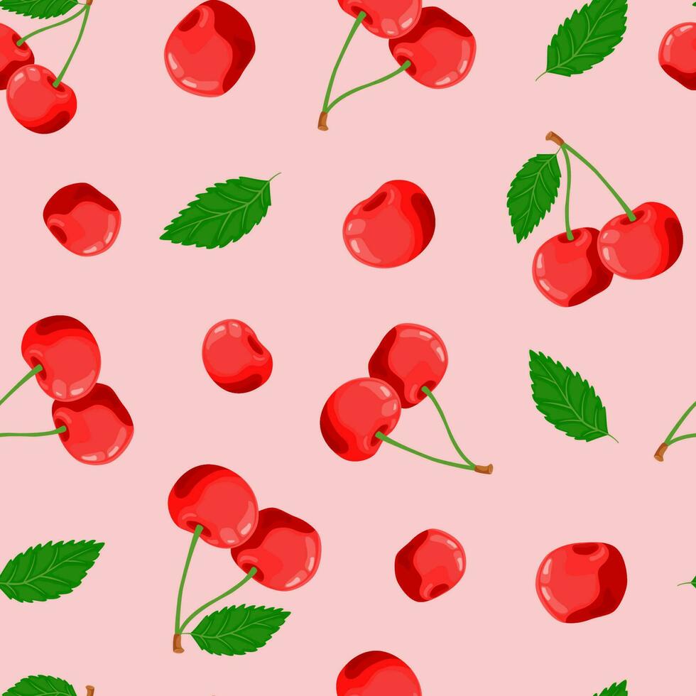 Seamless pattern of cherries, green leaves. Ripe berries. Fruit picking. Vector illustration in a flat style for menu design, recipes.