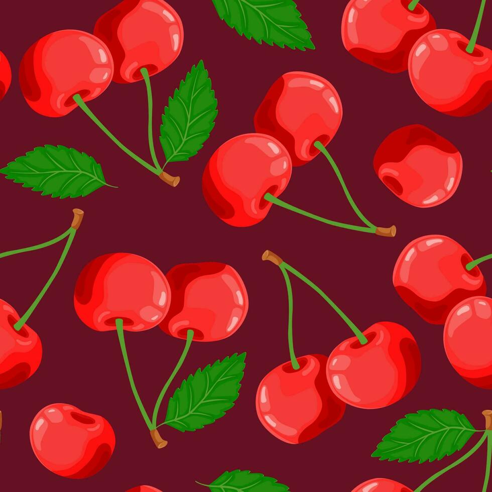 Seamless pattern of cherries, green leaves. Ripe berries. Fruit picking. Vector illustration in a flat style for menu design, recipes.