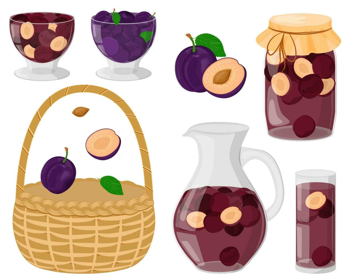 A set of plums. Summer compote in a decanter, glass, jar. Drinking and jam from homemade fruits. Berries for a healthy drink. The concept of healthy eating. Wicker basket. Vector illustration.