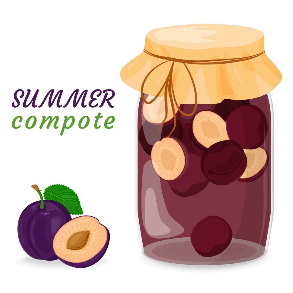 ciruela compota, mermelada o jalea en un vaso frasco. Enlatado fruta. bayas para un sano verano beber. conservación para futuro usar. vector ilustración para el menú, embalaje diseño en un plano estilo.