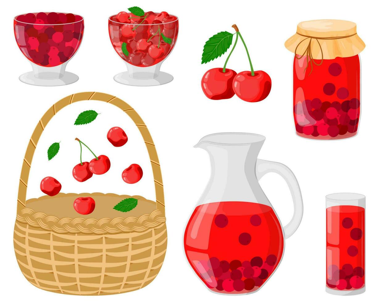 A set of cherries. Summer compote in a decanter, glass, jar. Drinking and jam from homemade fruits. Berries for a healthy drink. The concept of healthy eating. Wicker basket. Vector illustration.