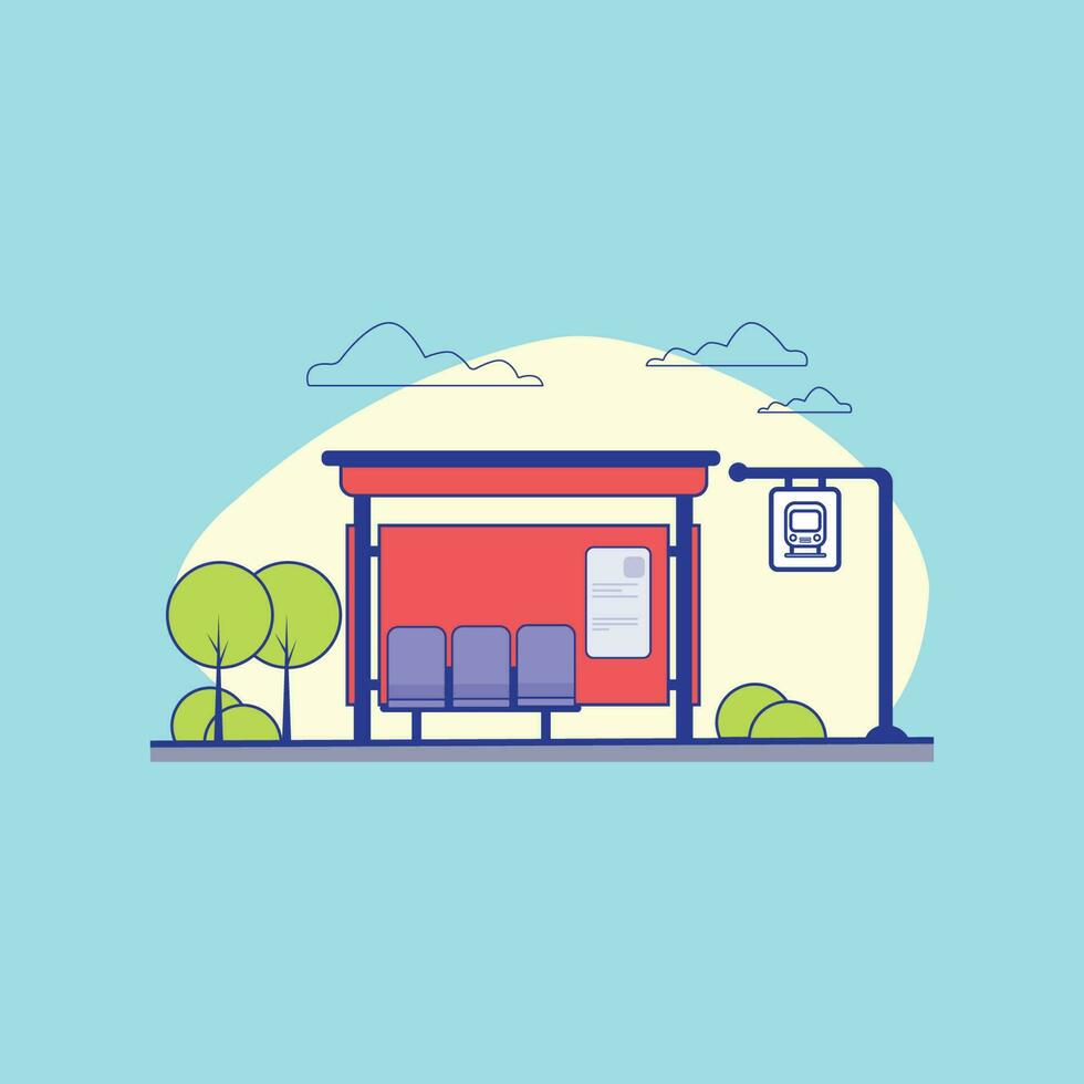 Empty Bus Stop on the City Street. Waiting for the Bus. Modern Flat and Cartoon Style Vector Illustration Design.