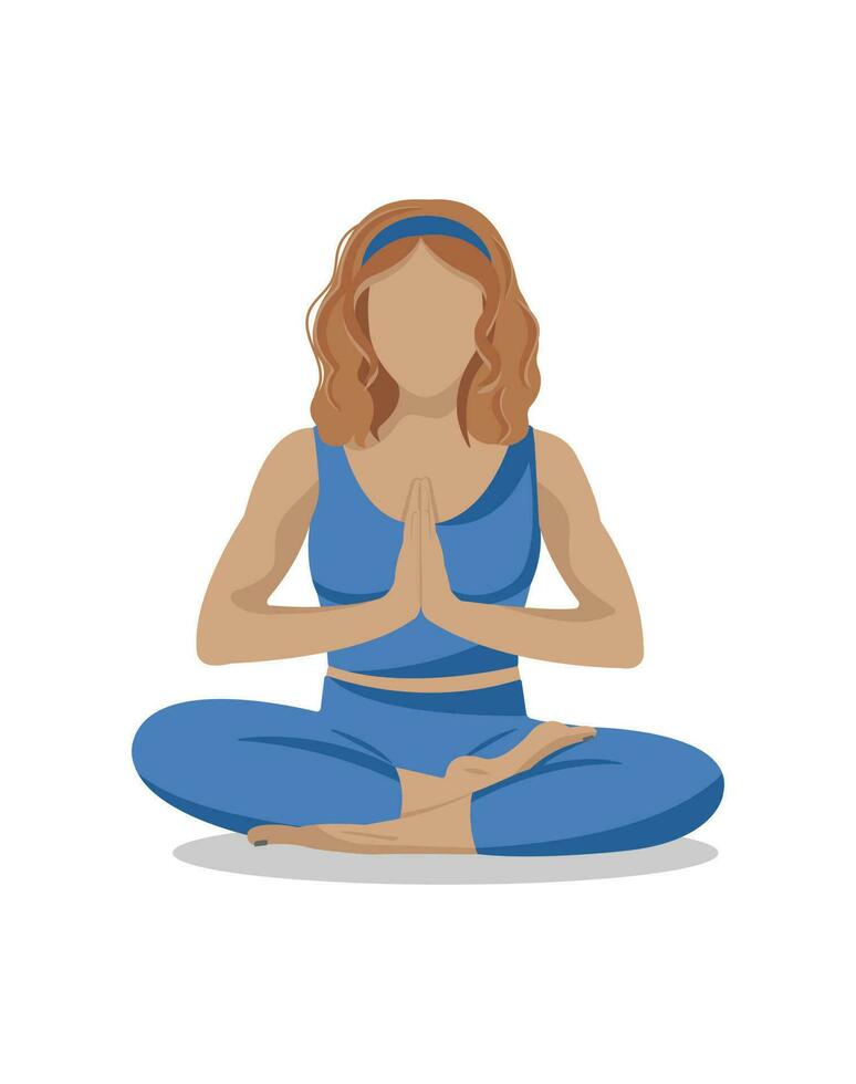 Faceless woman sitting in lotus yoga asana pose with ginger hair. Mental health, emotions control and personal harmony concept. Time for yourself. Vector flat illustration in cartoon style