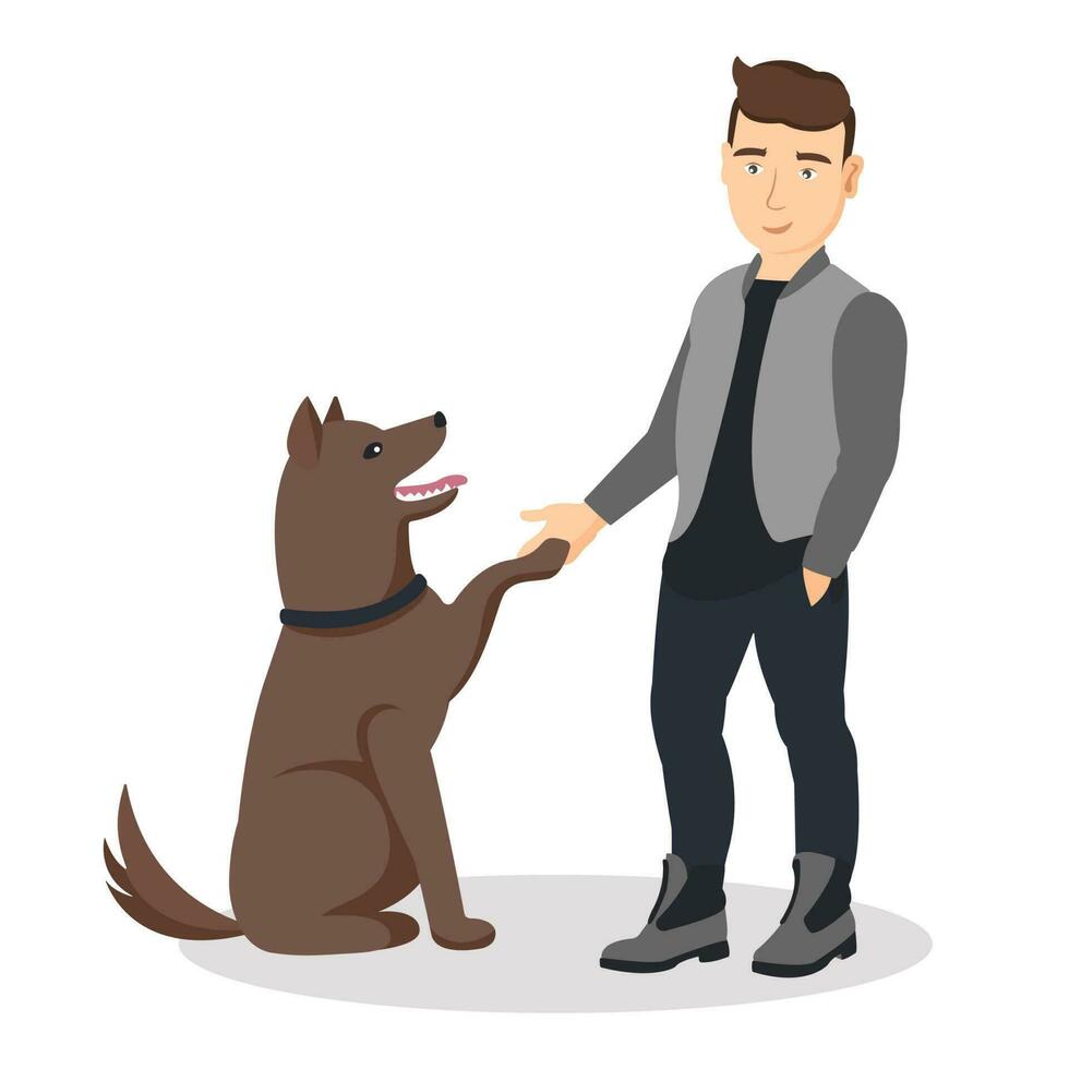 dibujos animados hombre formación y enseñando su mascota a comandos un perro dando un pata a su dueño. plano vector dibujos animados ilustración con amigos. Doméstico animal y su propietario