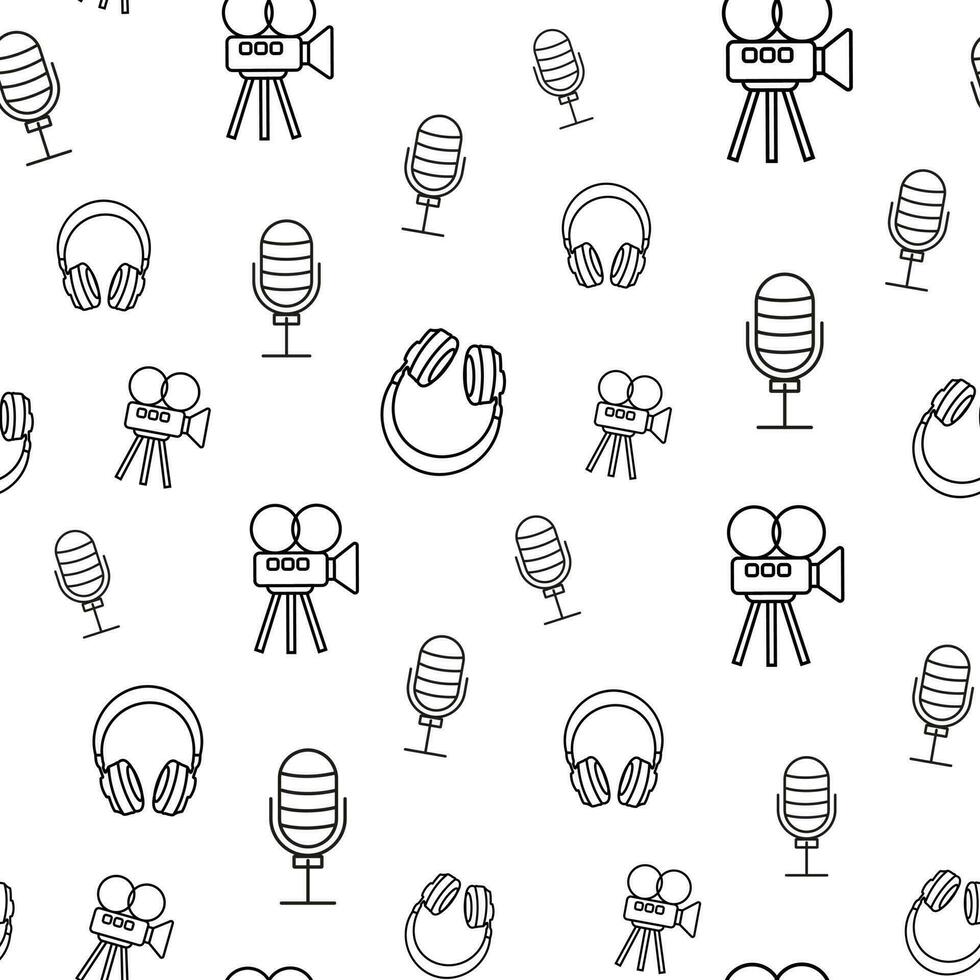 Music and video related seamless pattern with outline icons on white background. Microphone headphones and camera print vector