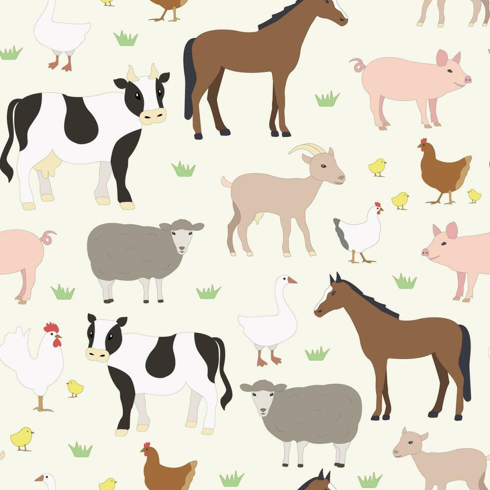 Cartoon farm animals pattern, cow, pig, horse, sheep. goat, chicken, goose, poultry, flat style set with domesttic animals. Vector background for kids