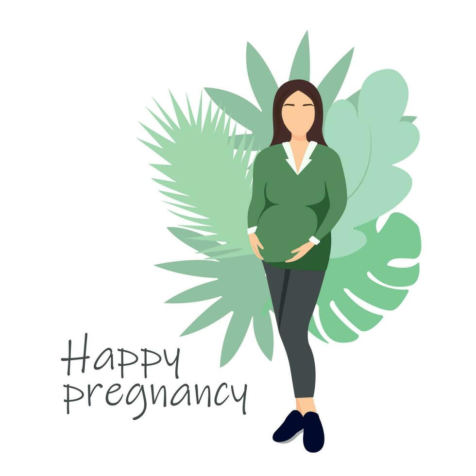 Happy pregnancy concept. Cartoon faceless pregnant woman with tropical leaves. Vector illustration with future mother