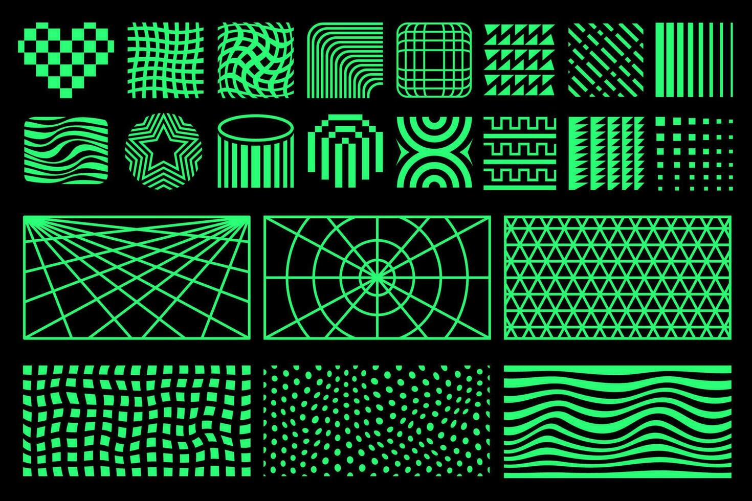 geométrico diseño elementos. años 90, Años 80 retro formas, mosaico patrones. malla, cuadrícula antecedentes y distorsiones verde ilustraciones aislado en negro antecedentes vector