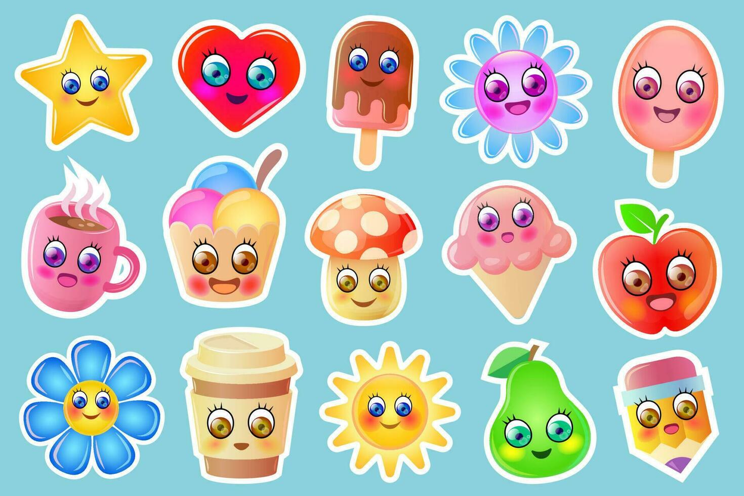 Cute stickers collection. Funny stickers with happy, funny cartoon characters. Cute flowers, ice creams, fruits and other cute characters. vector