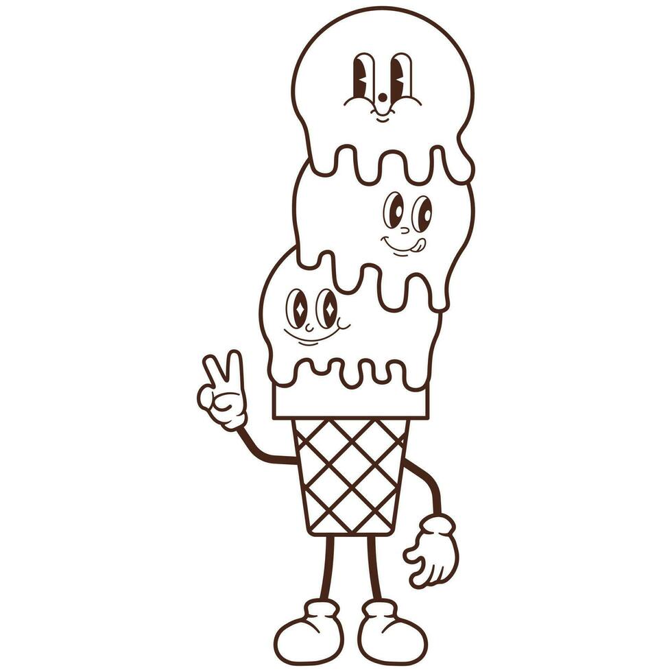 Groovy ice cream cartoon outline character. Vector illustration