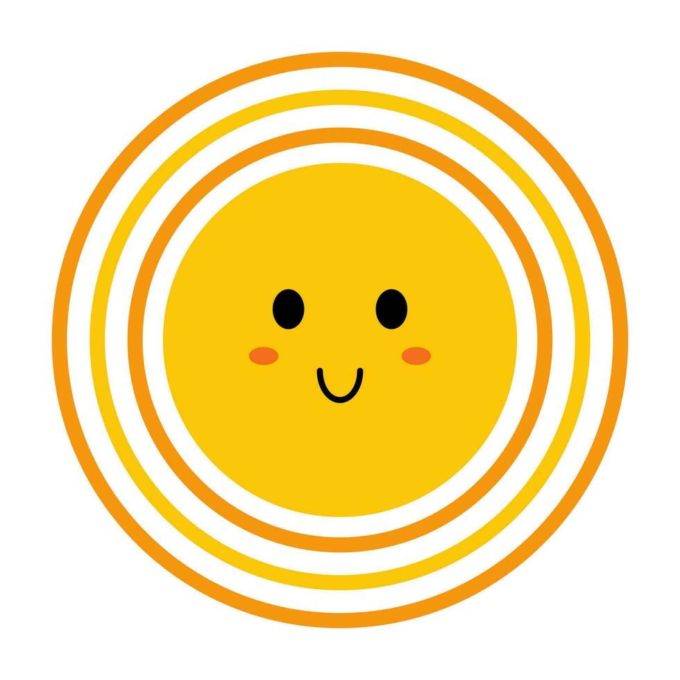 Vector smiling sun in flat design. Positive illustration of happy sun with face. Childish cute sunshine emoji. Kawaii sun with round sunbeams. Baby sunshine with blush. Circles around the sun.