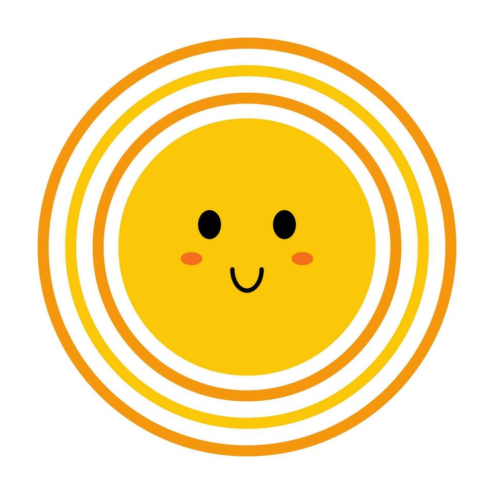 Vector smiling sun in flat design. Positive illustration of happy sun with face. Childish cute sunshine emoji. Kawaii sun with round sunbeams. Baby sunshine with blush. Circles around the sun.