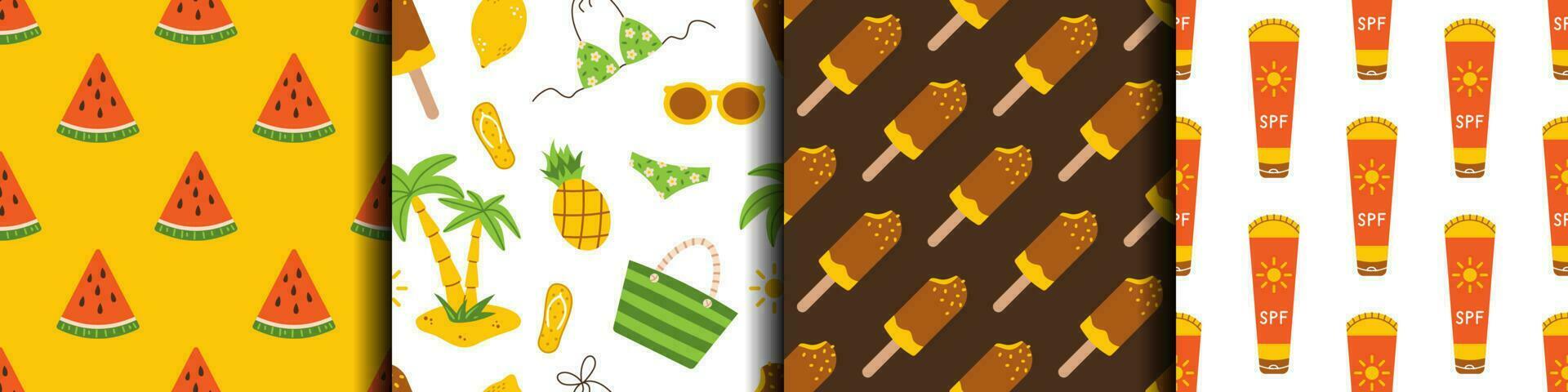 Vector set of summer seamless patterns. Beach holiday backgrounds. Sunscreen, ice cream, watermelon and other summer elements. Happy summer pattern collection.