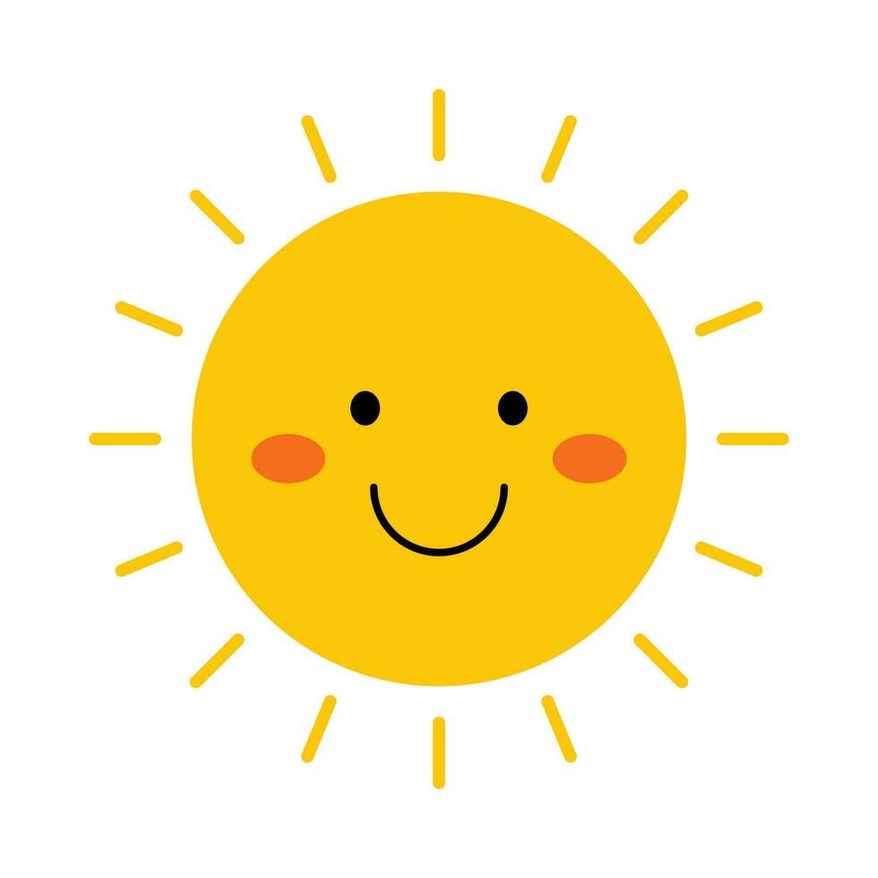 Vector funny sun in flat design. Happy smiling sun. Childish cute sunshine emoji. Kawaii yellow sun with sunbeams. Baby sunshine with blush.