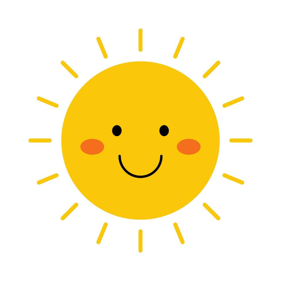 Vector funny sun in flat design. Happy smiling sun. Childish cute sunshine emoji. Kawaii yellow sun with sunbeams. Baby sunshine with blush.