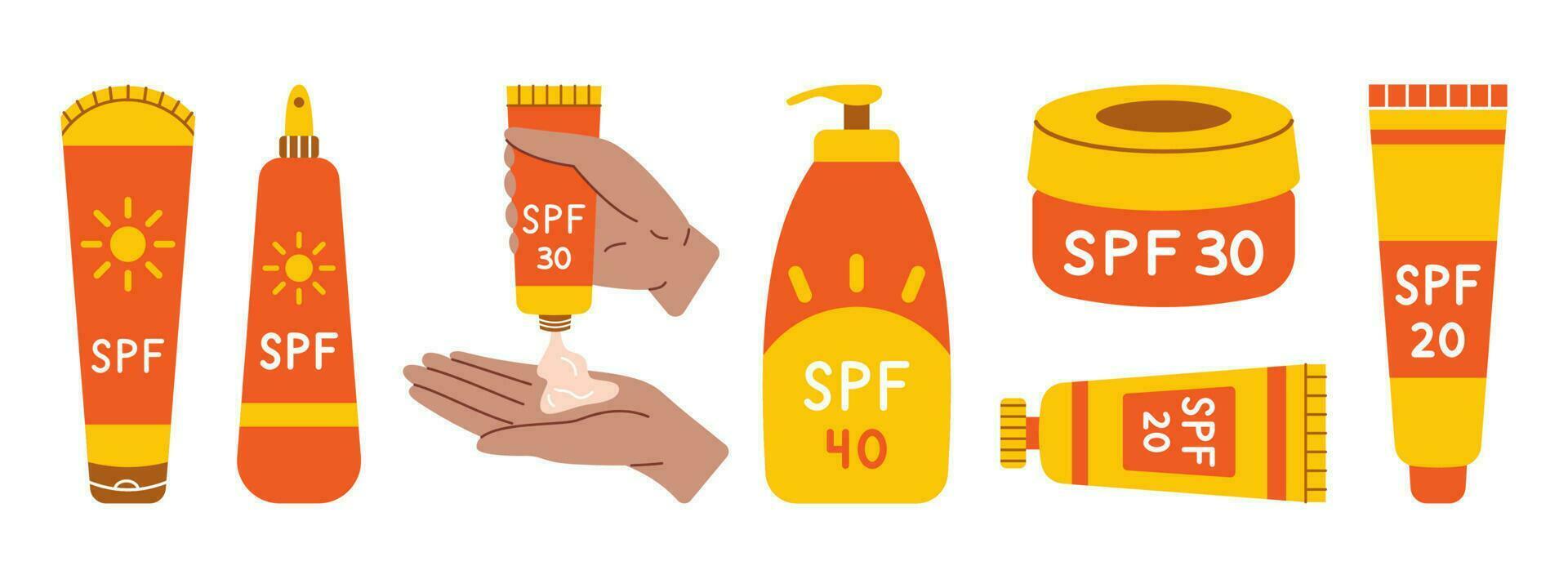 Sunscreen set. Collection of lotions with SPF. Skin protection from sun. Bottles, tubes with sunblock, dark skin hands with cream. Summer cosmetic. Set of sunscreen skin care products. vector