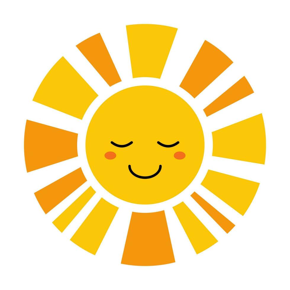 Vector smiling sun in flat design. Positive illustration of sleeping sun with face. Childish cute sunshine emoji. Kawaii sun with sunbeams. Baby sunshine with blush.