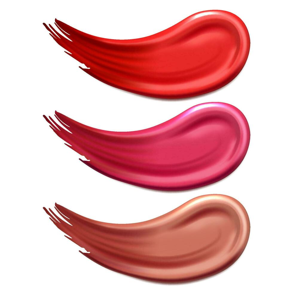 Realistic Smears of lipstick, nail polish or paint, brush strokes set isolated on white background. 3d vector illustration