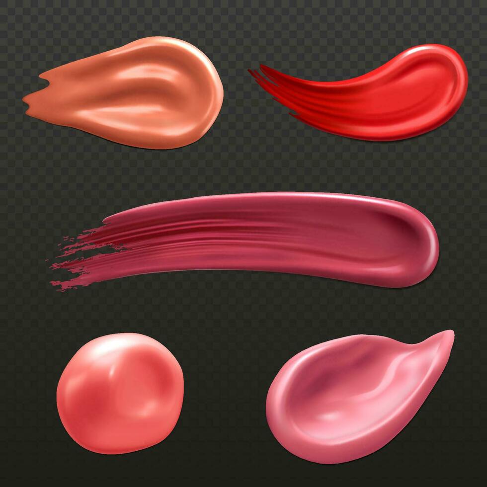 Realistic Smears of lipstick, nail polish or paint, brush strokes set isolated on dark background. 3d vector illustration