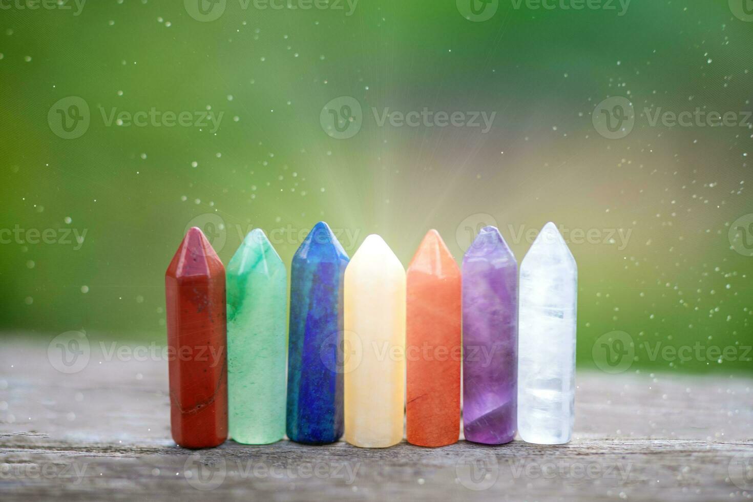 crystals on green natural background. Magic Healing gemstone mineral for meditation, Crystal Ritual, Witchcraft, Chakra relaxation. spiritual esoteric  practice, quartz minerals for healing, photo
