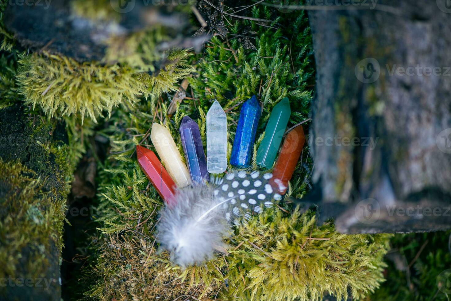 crystals on green natural background. Magic Healing gemstone mineral for meditation, Crystal Ritual, Witchcraft, Chakra relaxation. spiritual esoteric  practice, quartz minerals for healing, photo