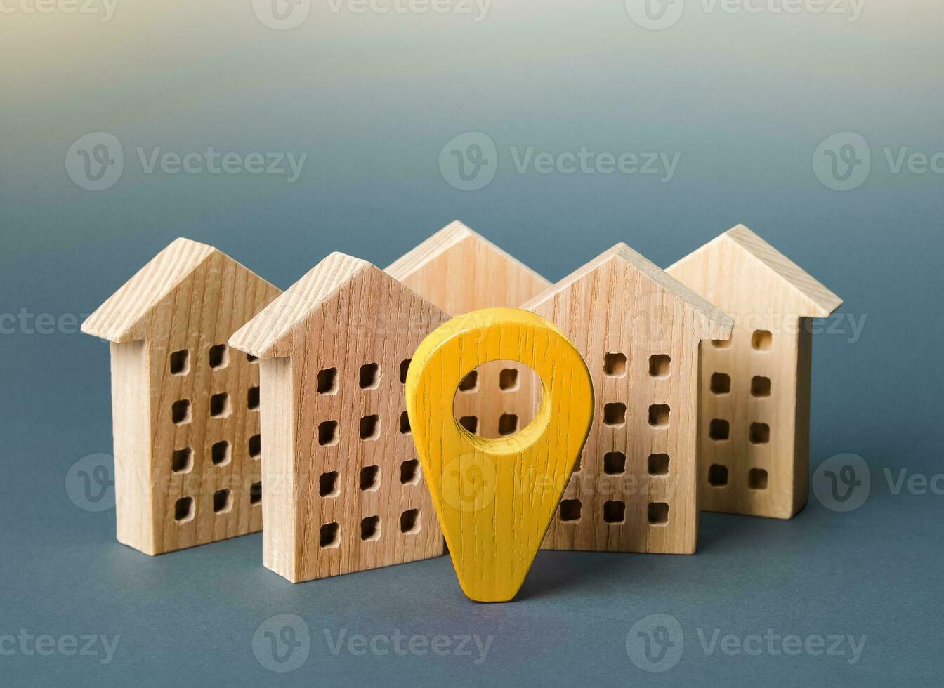 Residential living buildings and yellow location pin. Delivery. Tracking and navigation. Internet of things, city management and city services municipal. Search for housing options. Cities to visit. photo