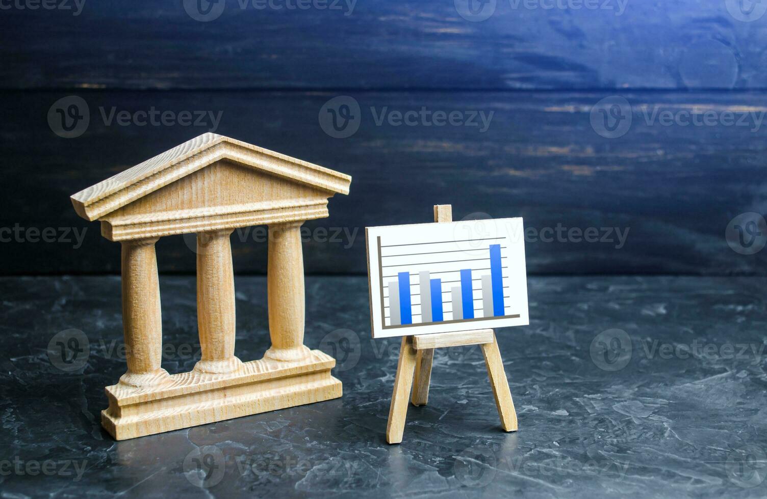Bank or government building and statistics chart easel. Evaluation of efficiency, performance indicators. State debt. Budget analytics. Data collection. Taxes. Financial stability and bank solvency. photo