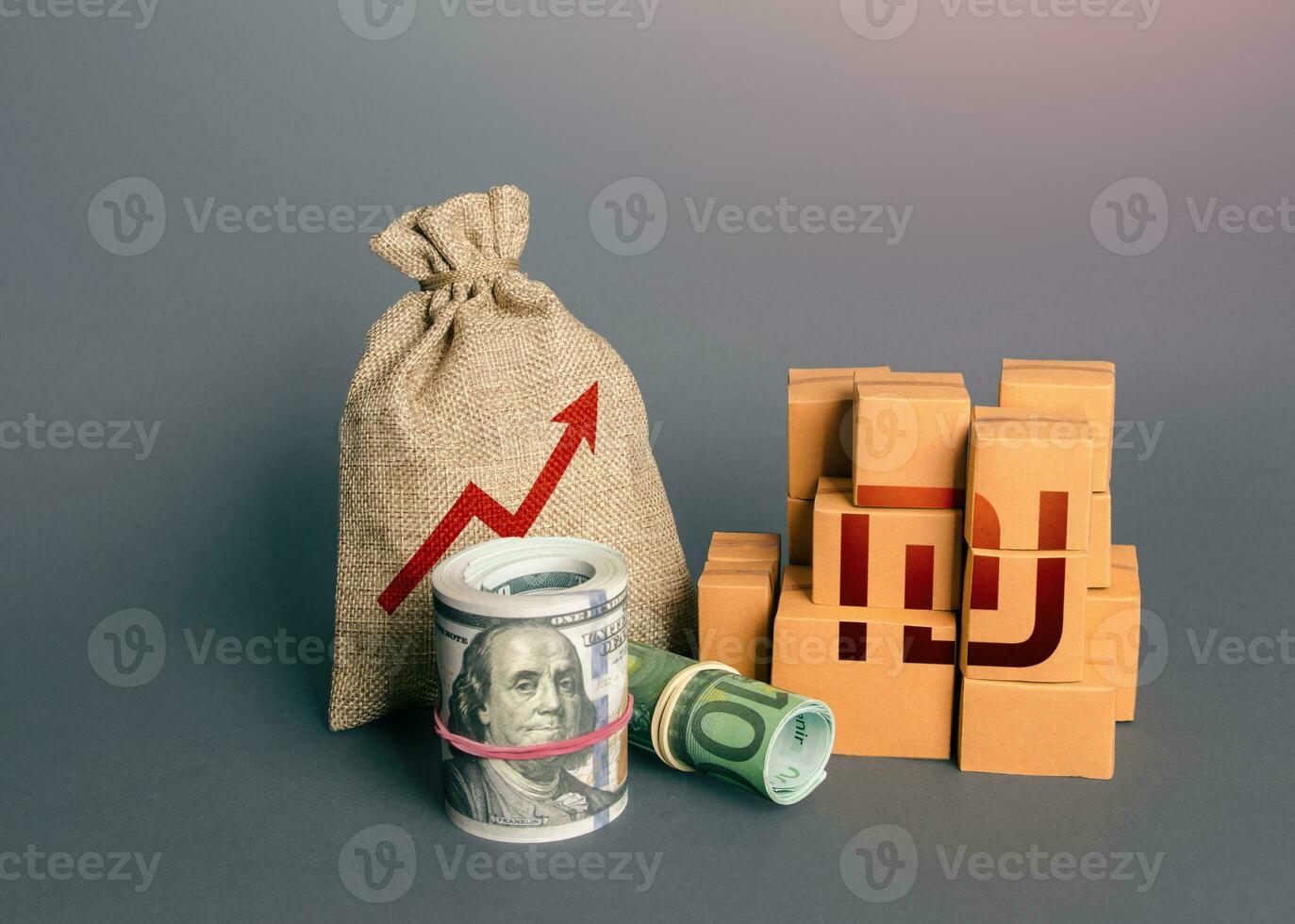 Israeli shekel symbol with goods and an arrow up. Import export. Increase in budget revenues. Increasing consumption, trade balance. Economy growth. High sales. Growing profits. photo