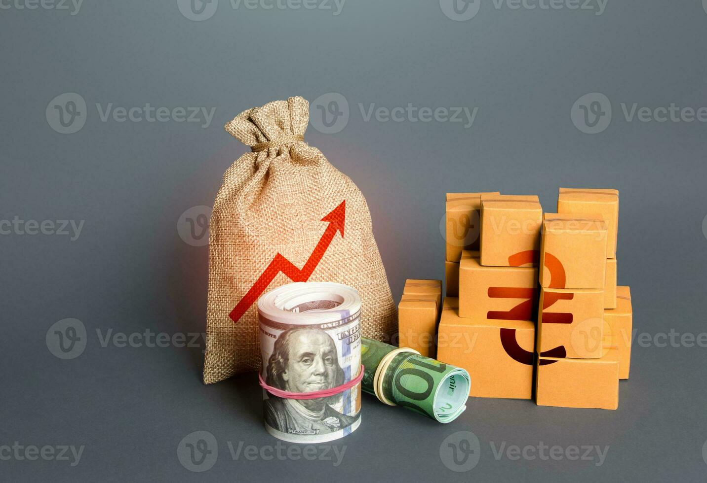 Ukrainian hryvnia symbol with goods and an arrow up. Growing profits. Import export. Increase in budget revenues. Increasing consumption, trade balance. Economy growth. High sales. photo