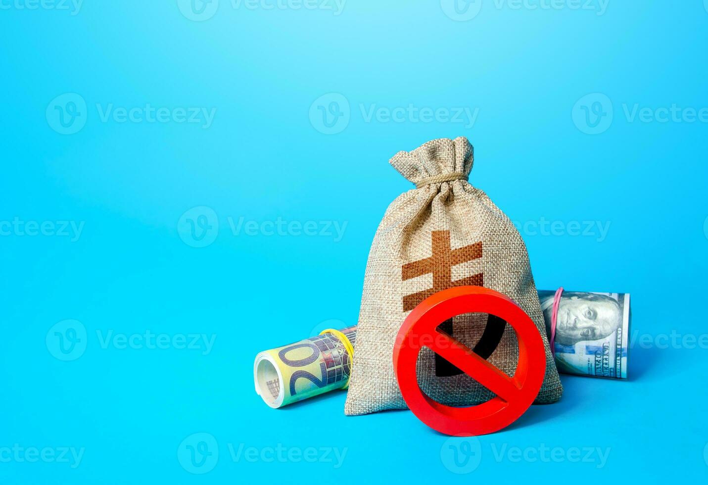 Turkish lira money bag and prohibition sign NO. Sanctions and restrictions. Monitoring of suspicious transactions. Confiscation of capital of illegal origin. Freezing of assets, seizure of savings. photo