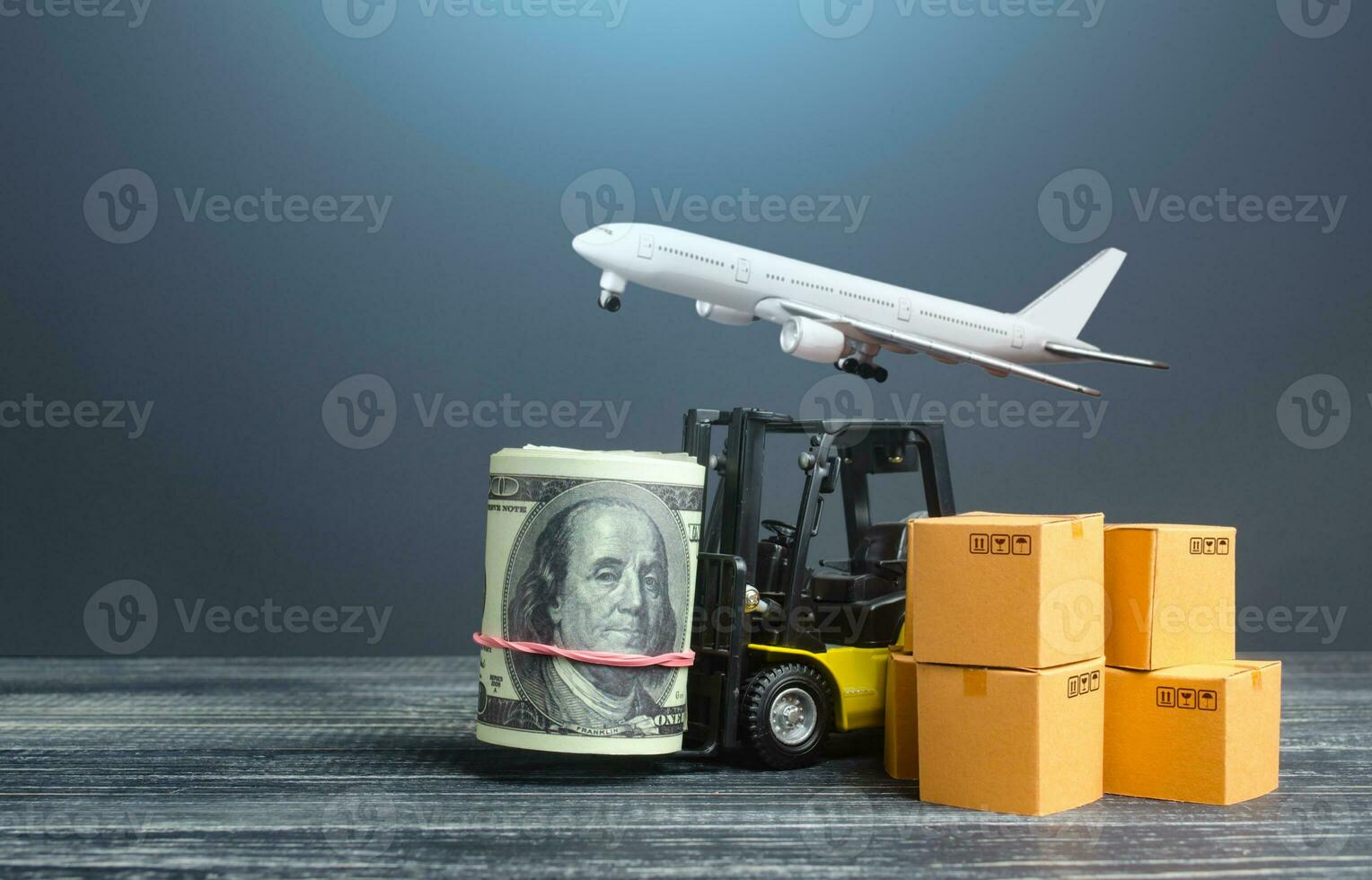 Cargo plane over a forklift with money dollars roll. Profit from selling goods, trade income. Services of express delivery, transportation by plane. World logistics. Import export of products. photo