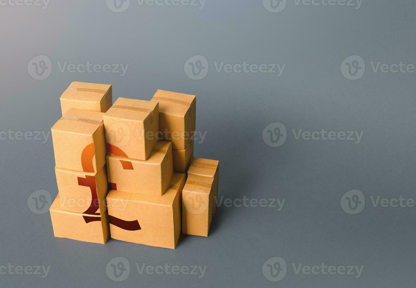 Boxes with british pound sterling symbol. Transportation logistics. Manufacturing industry and trade. Consumption economics, imports and exports. Gross Domestic Product, GDP. Distribution of goods. photo