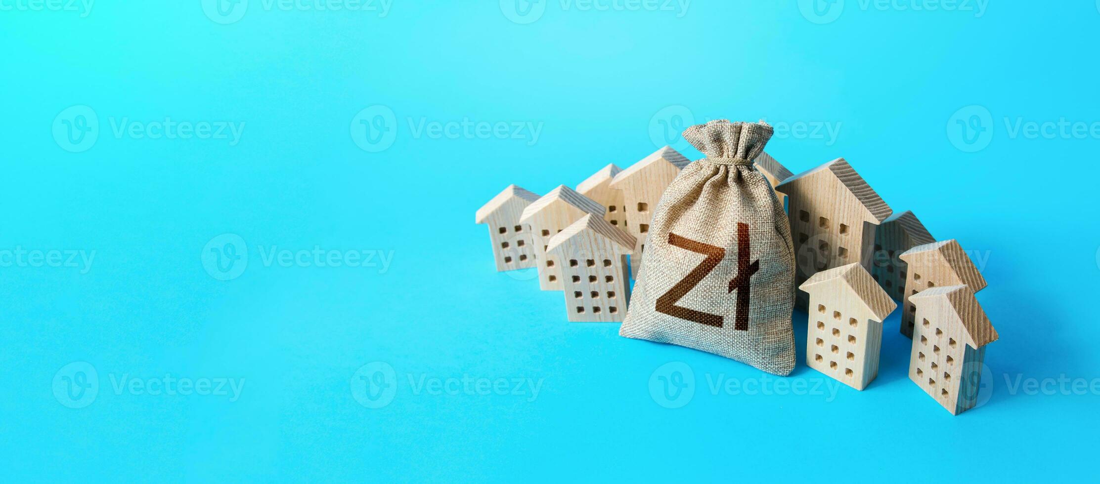 Polish zloty money bag surrounded by houses. Mortgage loan. Budget and funding. Construction industry. Housing appraisal. Valuation estimation. Real estate investment. Buying apartments. photo