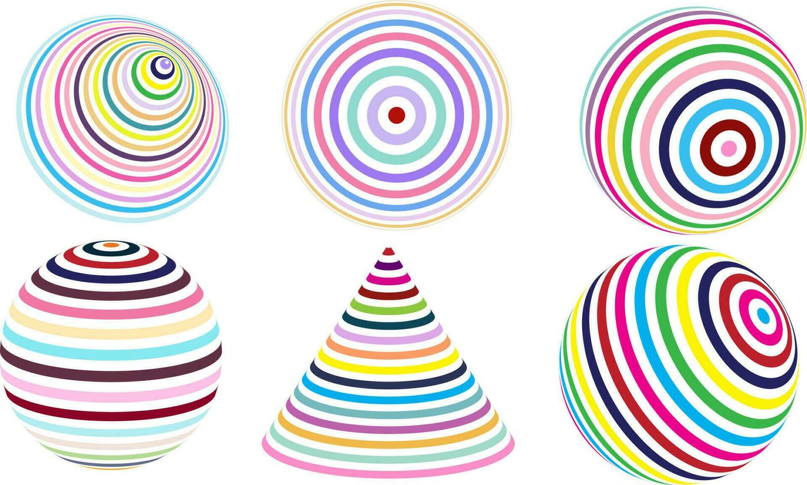 Striped balls 3D. Colourful abstract background. Vector spiral diagonal swirls illusion effect illustration. Party Hat vector, Swirl circular line, Colorful round vector
