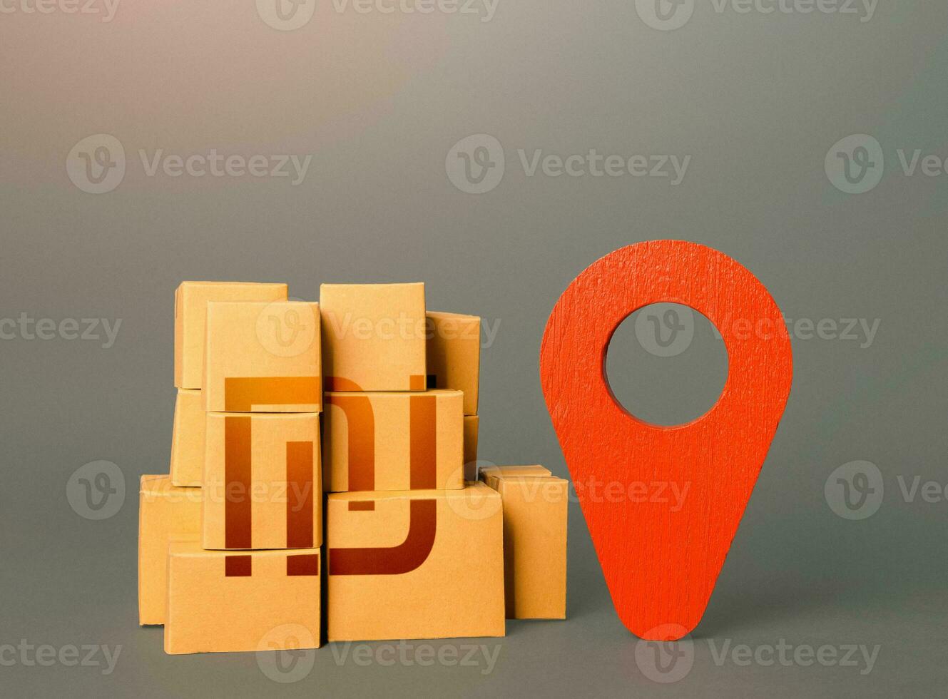 Boxes with israeli shekel symbol and red location pin. Domestic manufacturer. Tracking. Supply distribution. Import export. Trade in goods. Transportation delivering logistics, warehouse management. photo