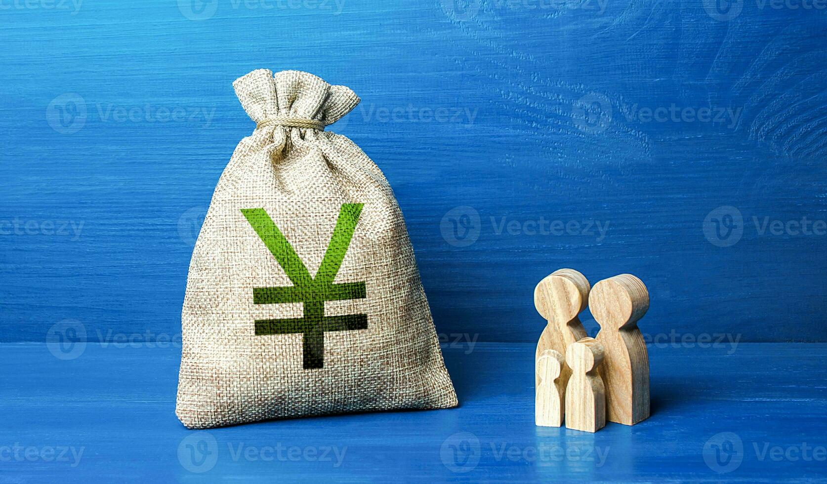 Family figurines and chinese yuan or japanese yen money bag. Family budget. Investment in human capital. Income, expenses. Refugees crisis. Favorable conditions for population growth. Demography. photo