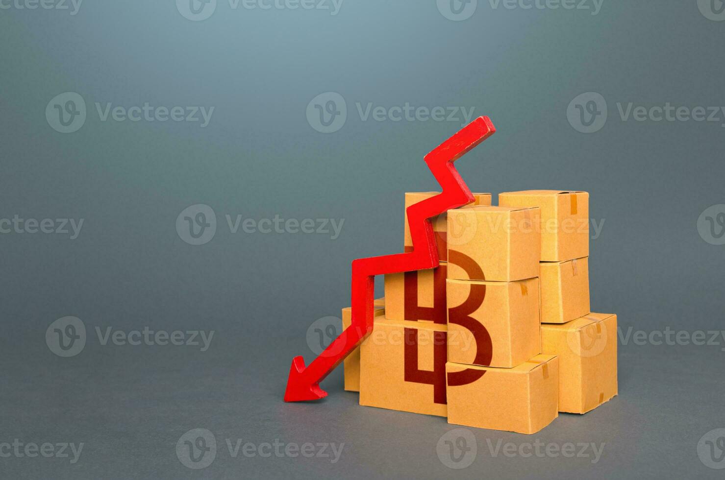 Boxes with thai baht symbol and down arrow. Worsening trade. Decrease in stocks of products. The fall in the production of goods.Embargo, sanctions. Low consumption. Economic slowdown. Price reduction photo
